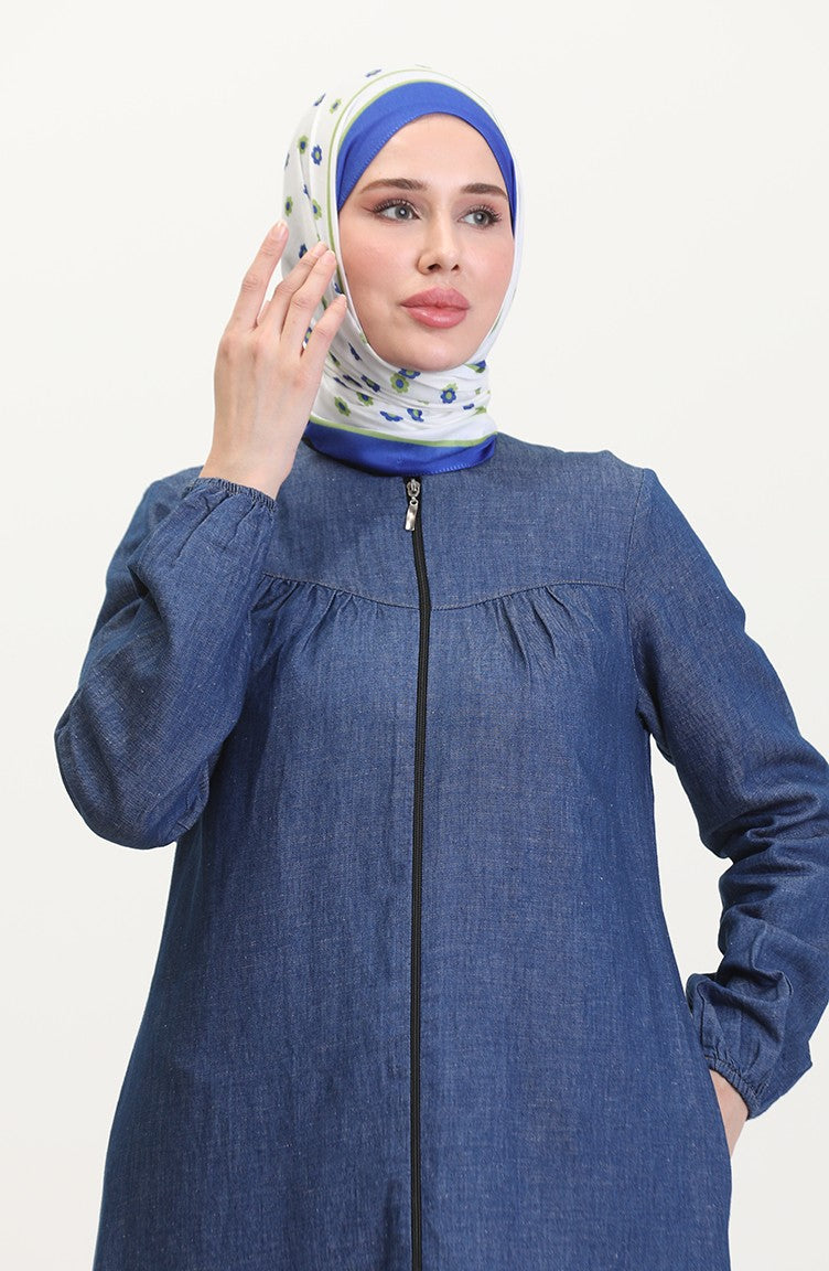 Abaya Denim Froncée En Tissu Tensel 2030-01 Bleu Clair 2030-01