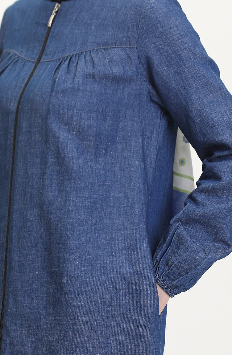 Abaya Denim Froncée En Tissu Tensel 2030-01 Bleu Clair 2030-01