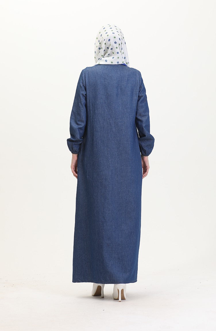 Abaya Denim Froncée En Tissu Tensel 2030-01 Bleu Clair 2030-01