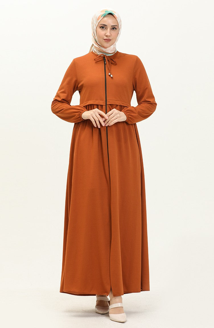 Abaya Plissée à Glissière 0569-01 Tabac 0569-01