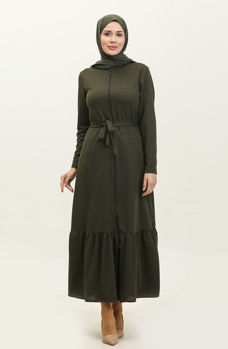 Abaya Avec Ceinture Et Ourlet Froncé 0703-03 Khaki 0703-03