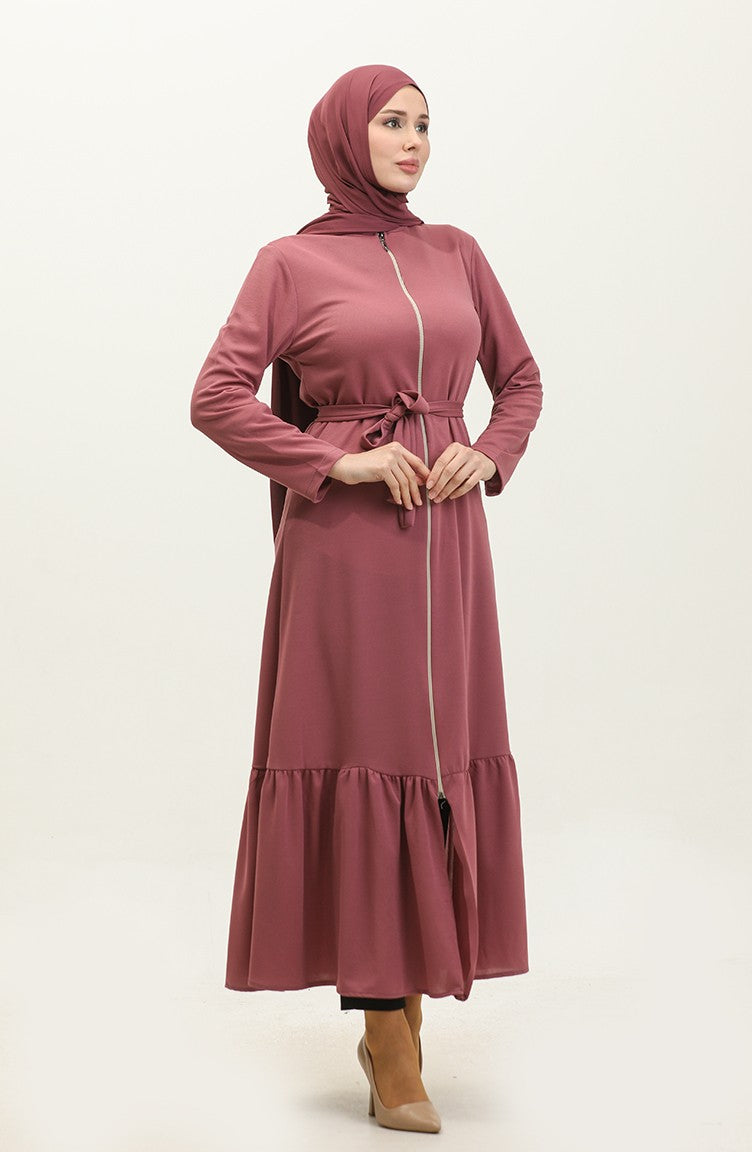 Abaya Avec Ceinture Et Ourlet Froncé 0703-06 Rose Poudré 0703-06