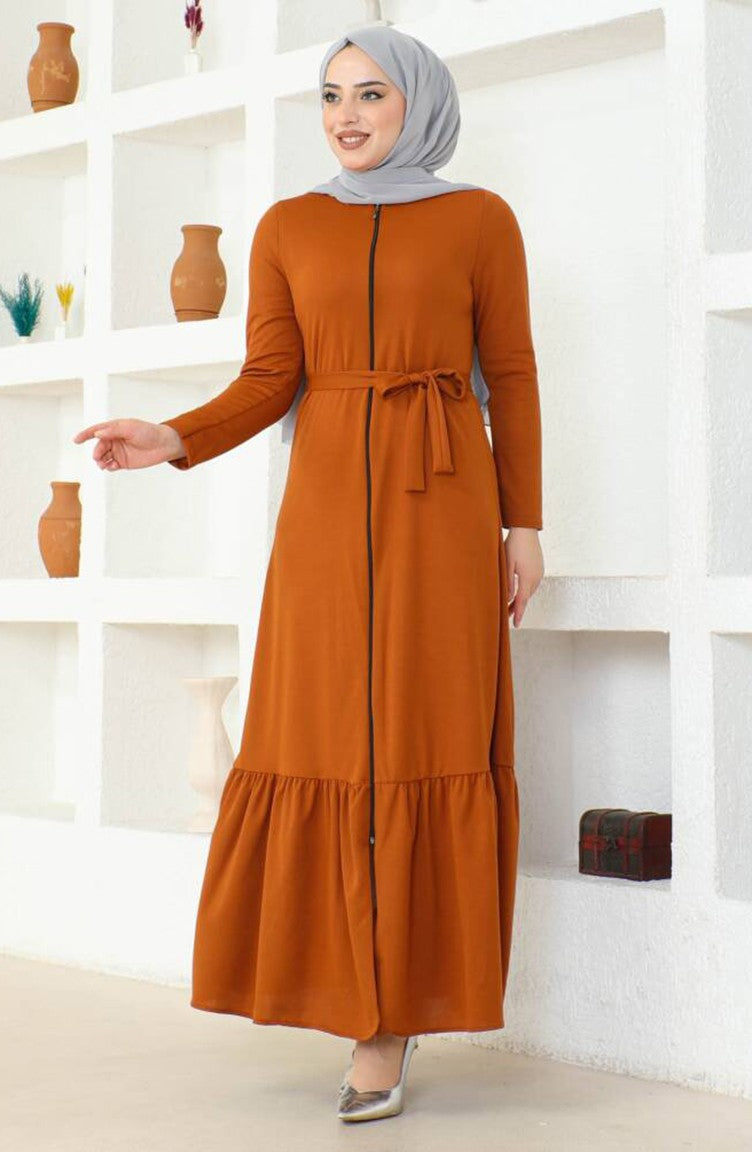 Abaya Avec Ceinture Et Ourlet Froncé 0703-11 Tan 0703-11