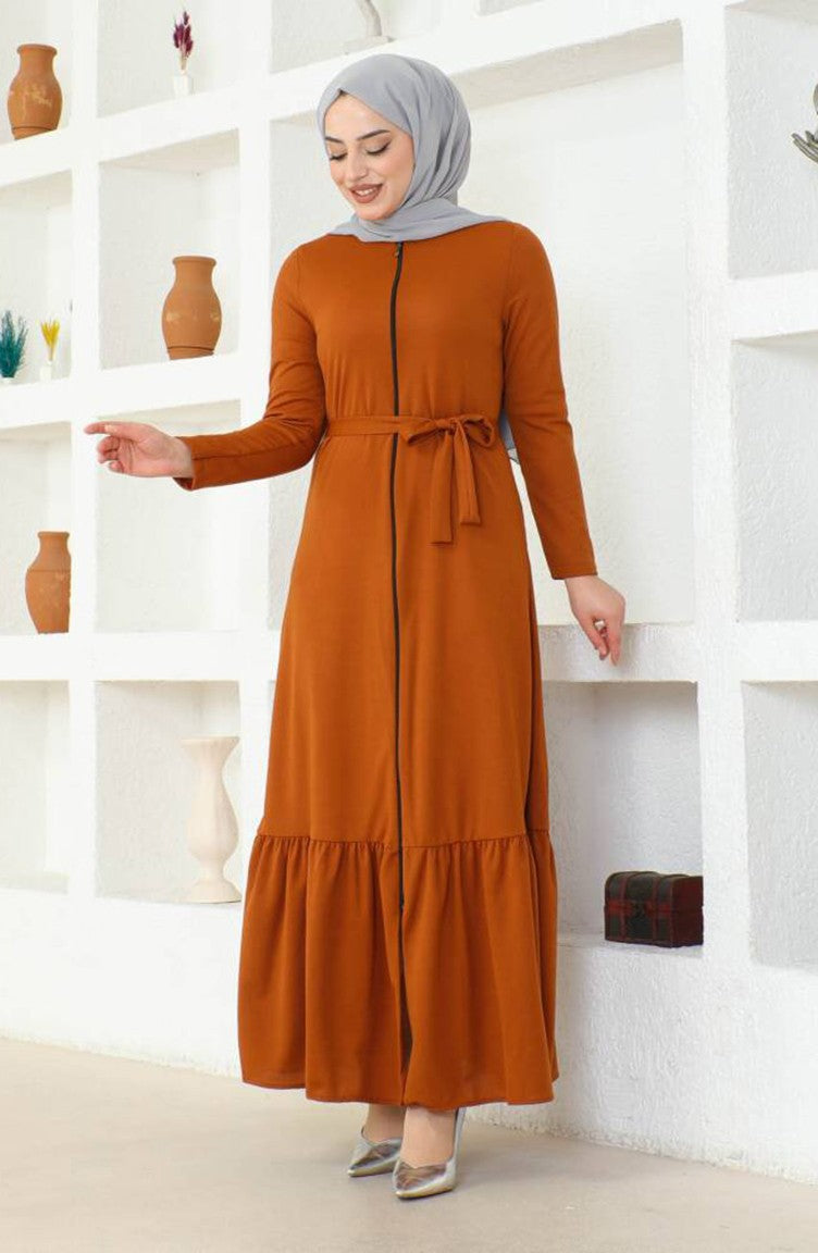 Abaya Avec Ceinture Et Ourlet Froncé 0703-11 Tan 0703-11