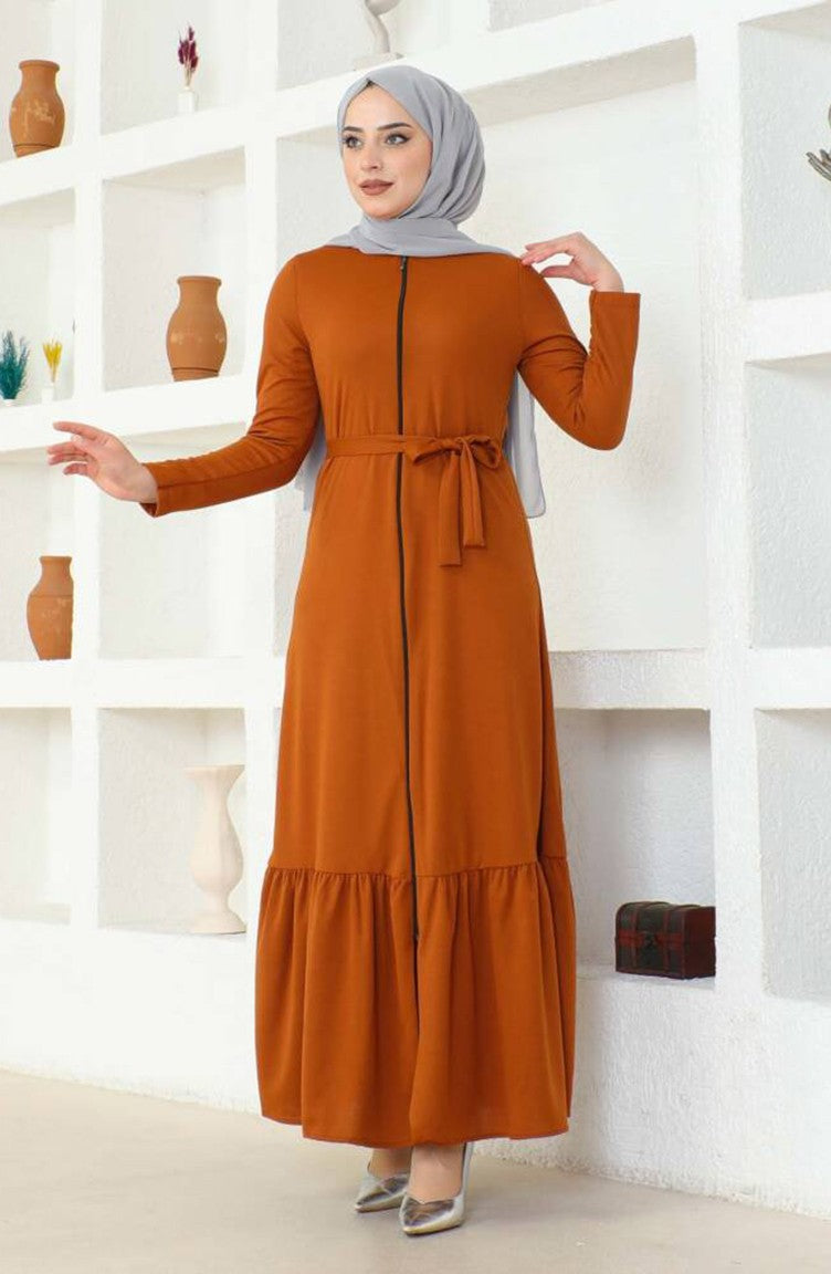 Abaya Avec Ceinture Et Ourlet Froncé 0703-11 Tan 0703-11