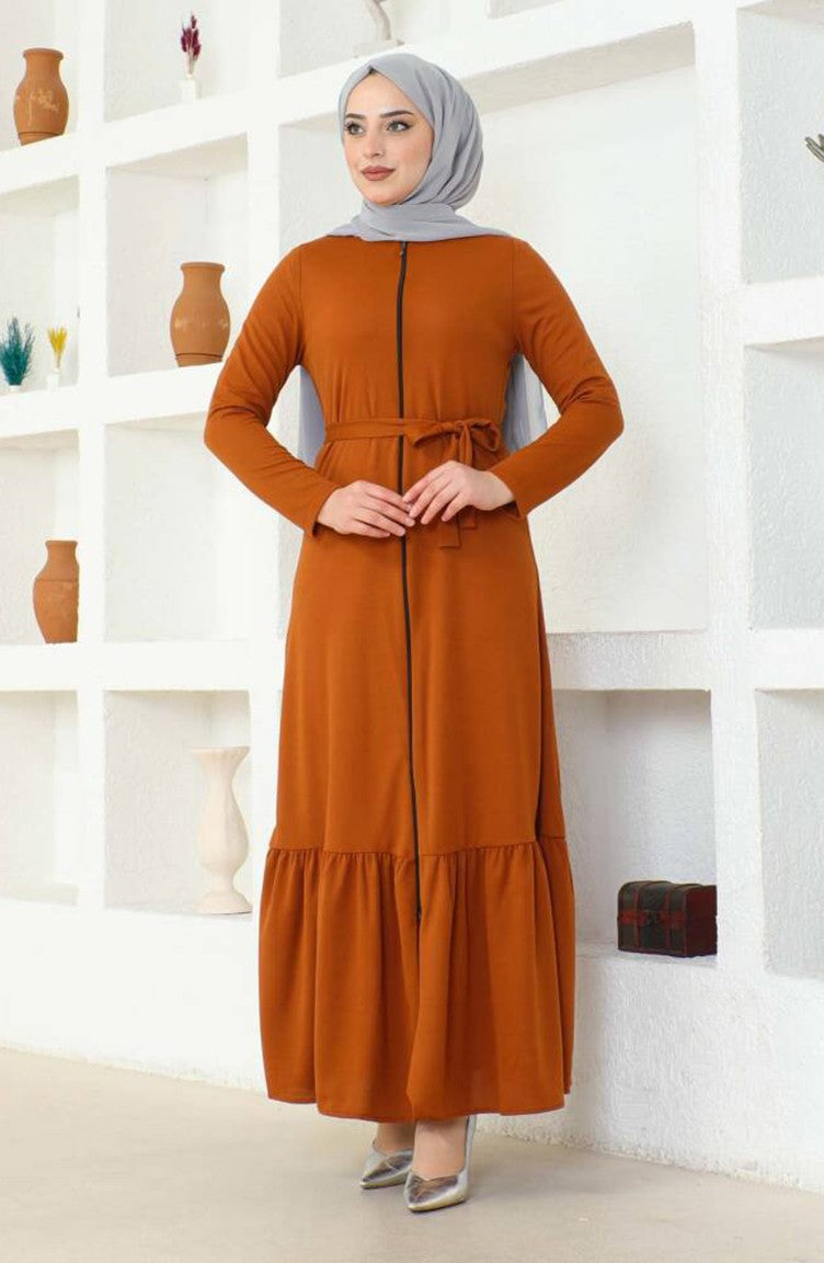 Abaya Avec Ceinture Et Ourlet Froncé 0703-11 Tan 0703-11