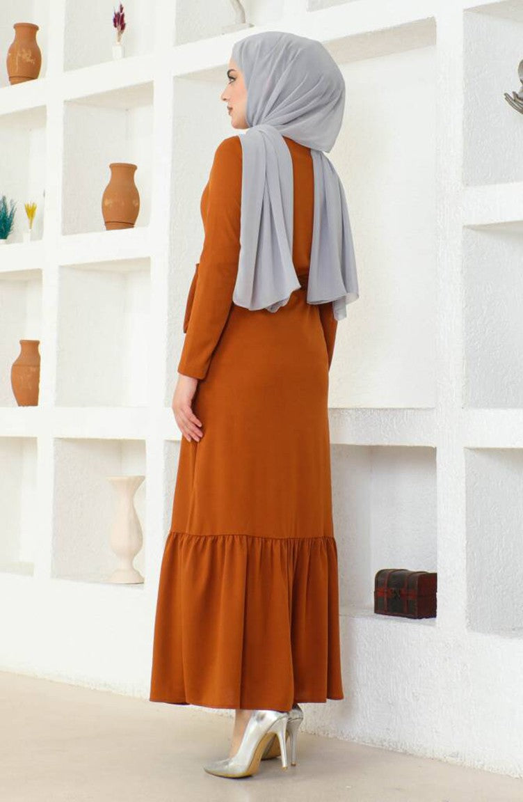 Abaya Avec Ceinture Et Ourlet Froncé 0703-11 Tan 0703-11
