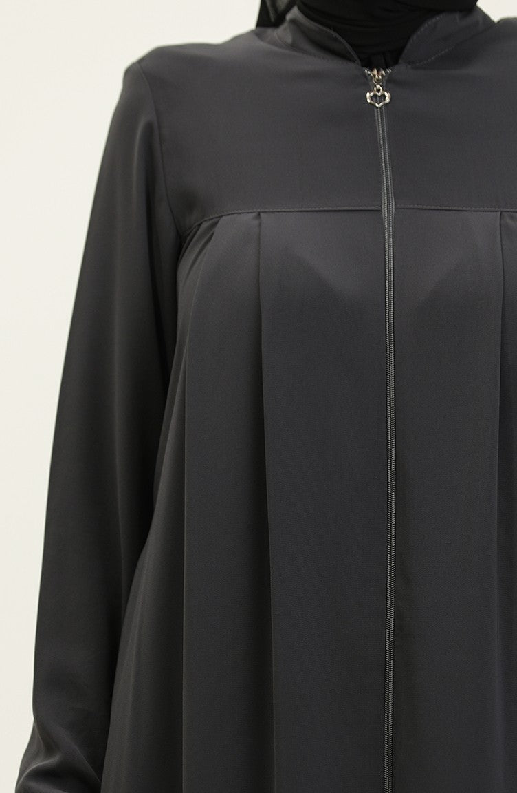 Abaya Plissée à Fermeture 5004-06 Gris 5004-06
