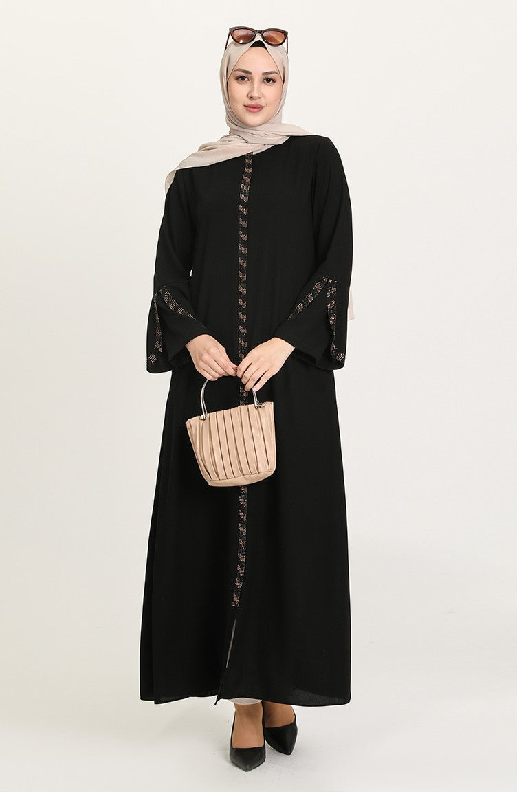 Abaya à Rayures de Grande Taille 5053-04 Noir 5053-04