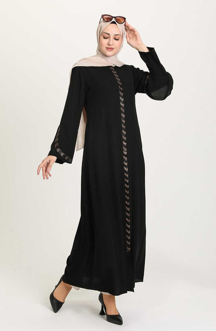 Abaya à Rayures de Grande Taille 5053-04 Noir 5053-04