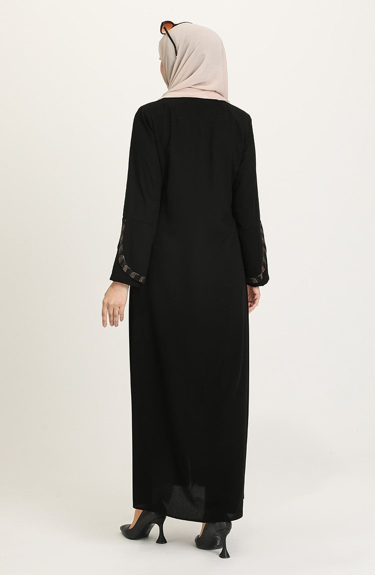 Abaya à Rayures de Grande Taille 5053-04 Noir 5053-04