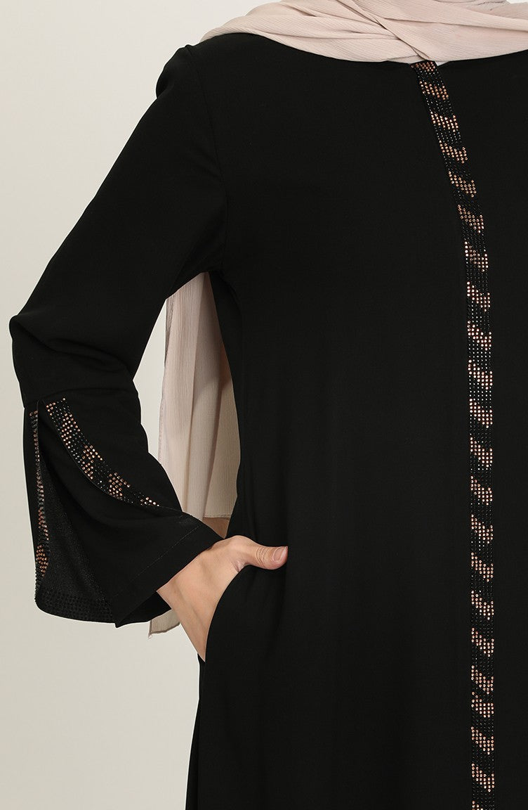 Abaya à Rayures de Grande Taille 5053-04 Noir 5053-04