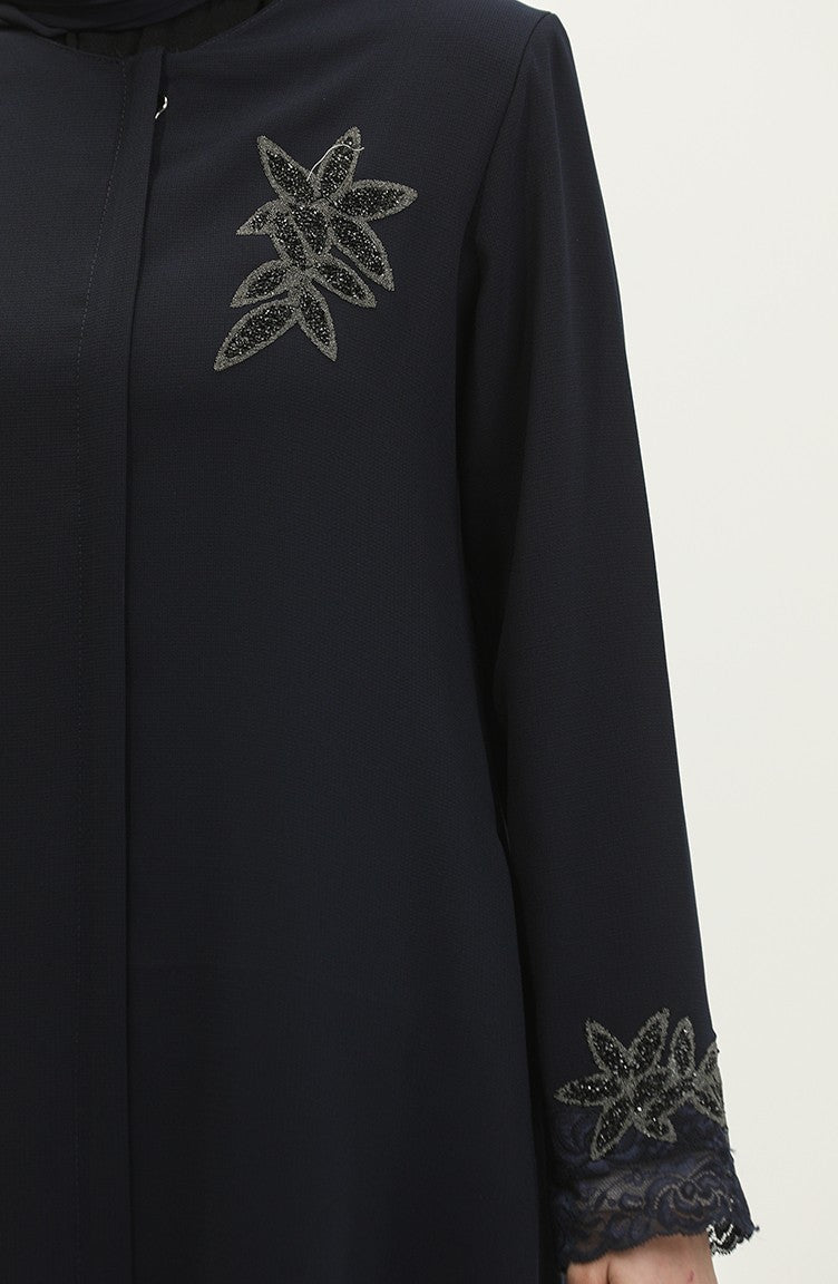 Abaya Détail Dentelle Brodée Grande Taille 5065-02 Bleu Marine 5065-02