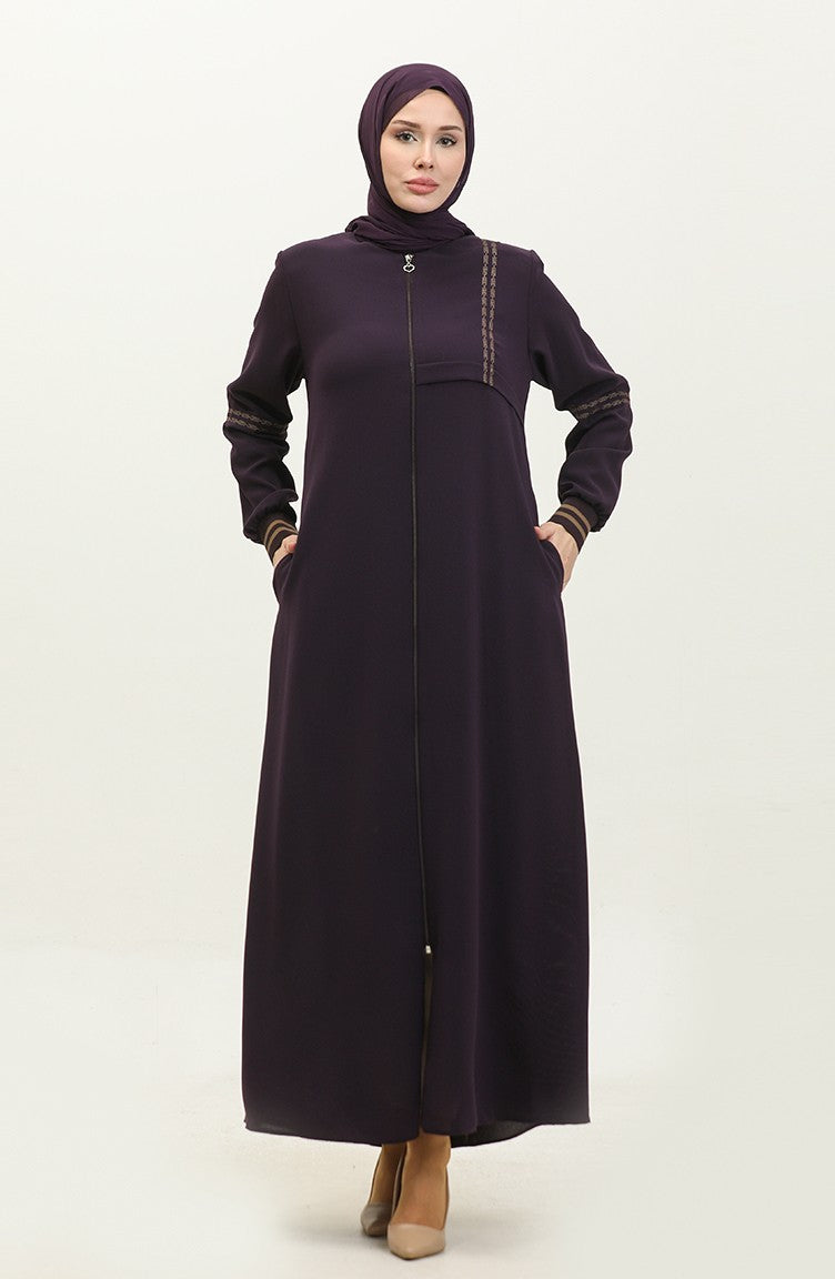Abaya Côtelé A Fermeture Grande Taille 5064-04 Prune 5064-04