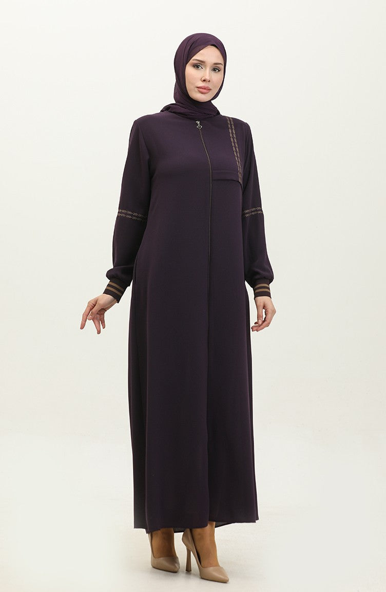 Abaya Côtelé A Fermeture Grande Taille 5064-04 Prune 5064-04
