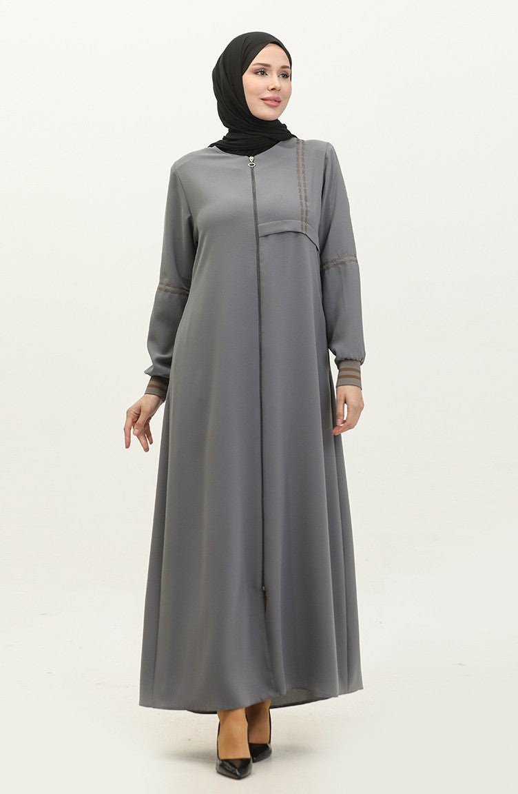 Abaya Côtelée à Fermeture Grande Taille 5064-05 Gris 5064-05