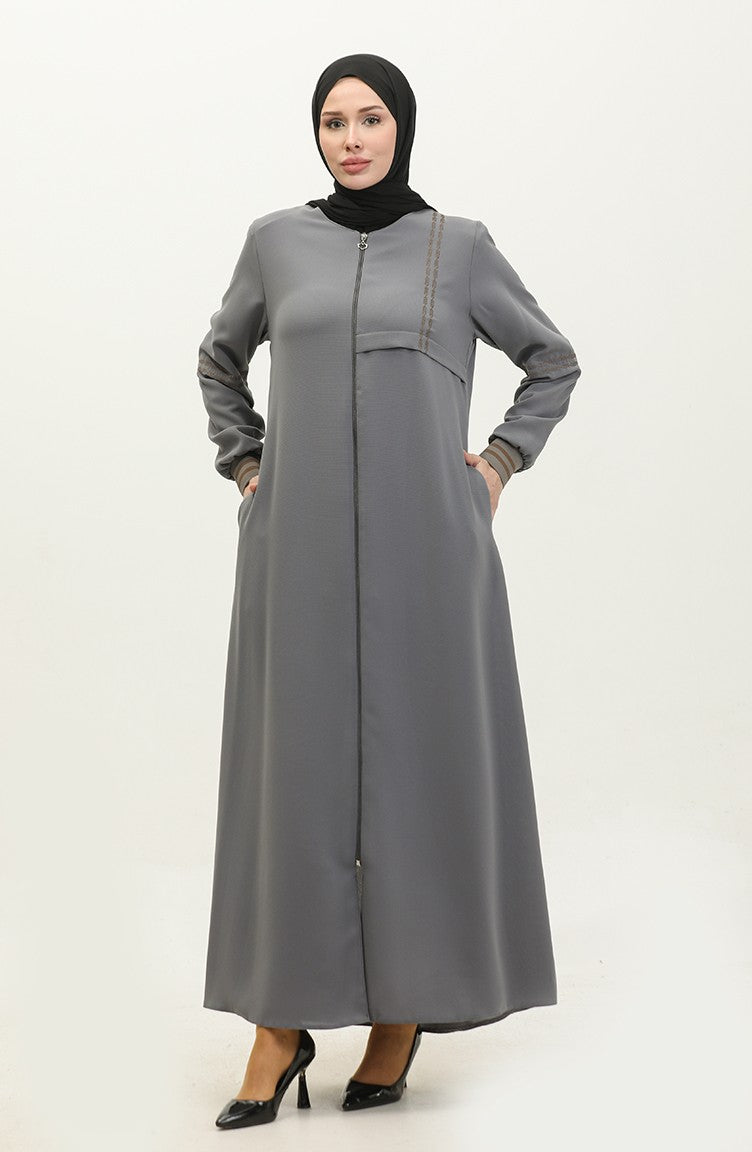Abaya Côtelée à Fermeture Grande Taille 5064-05 Gris 5064-05