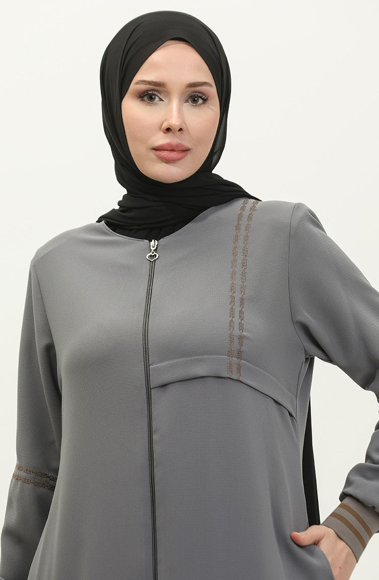 Abaya Côtelée à Fermeture Grande Taille 5064-05 Gris 5064-05