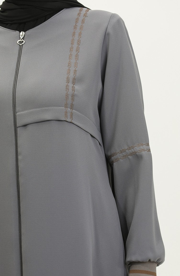 Abaya Côtelée à Fermeture Grande Taille 5064-05 Gris 5064-05