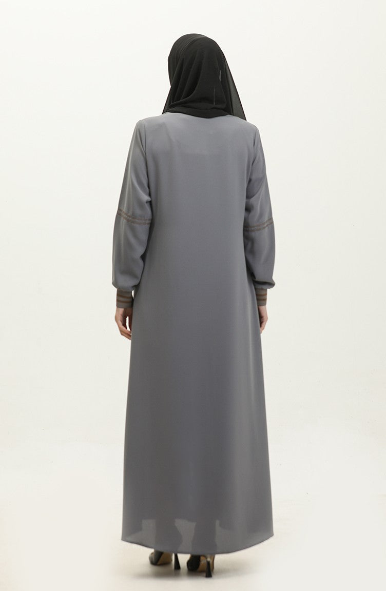 Abaya Côtelée à Fermeture Grande Taille 5064-05 Gris 5064-05