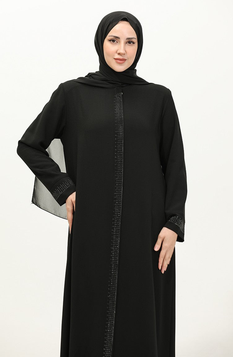 Abaya Imprimé Pierre Grande Taille 5067-01 Noir 5067-01