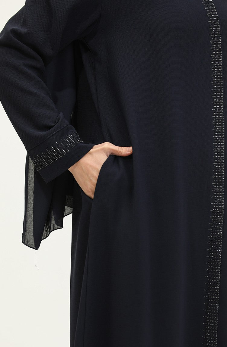 Abaya Imprimé Pierre Grande Taille 5066-02 Bleu Marine 5066-02