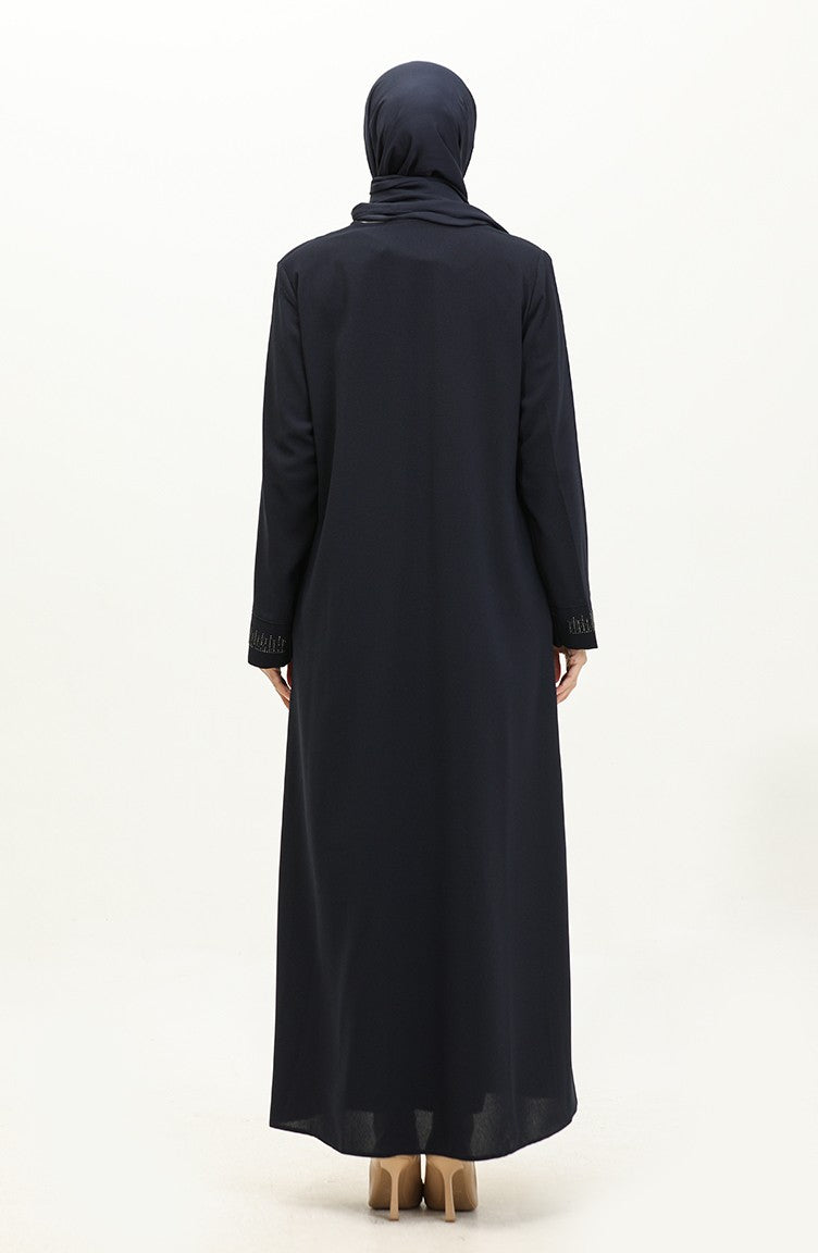 Abaya Imprimé Pierre Grande Taille 5066-02 Bleu Marine 5066-02