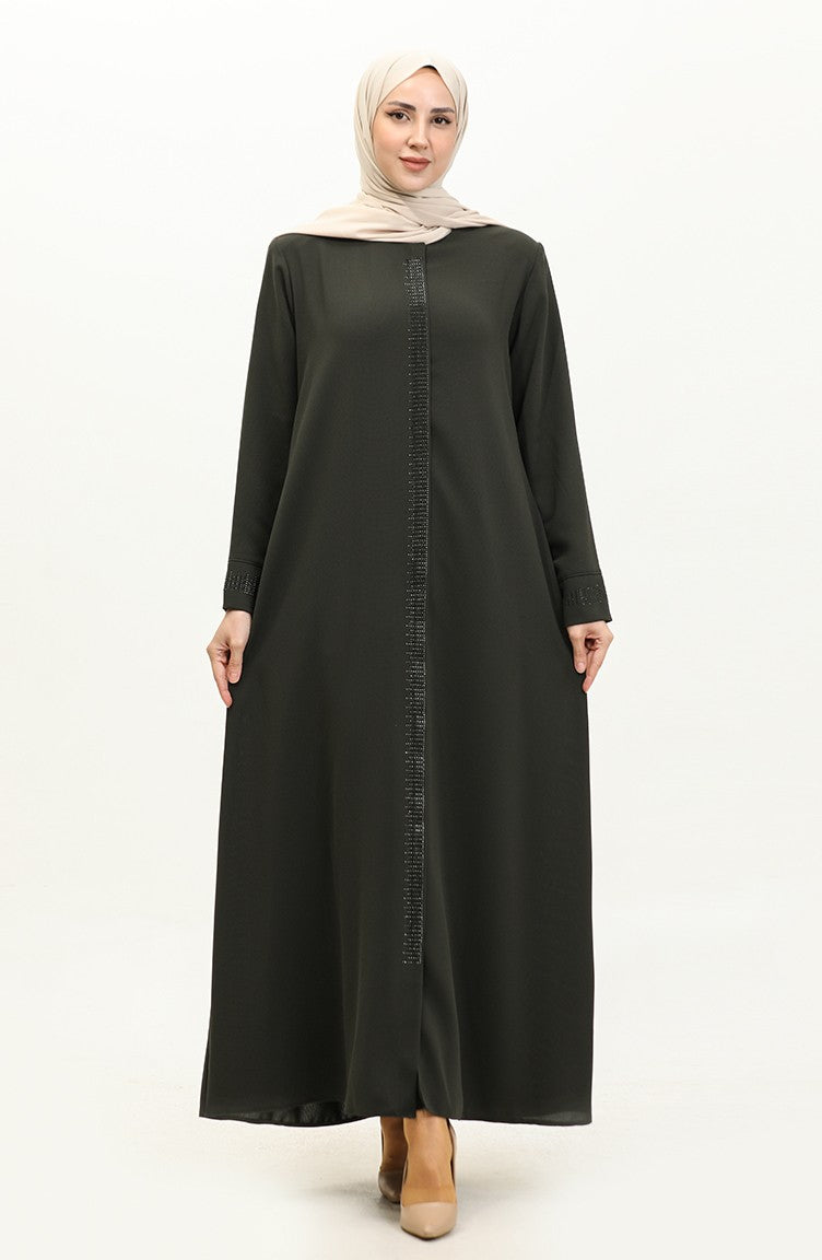 Abaya Pierre Imprimée Grande Taille 5066-03 Khaki 5066-03