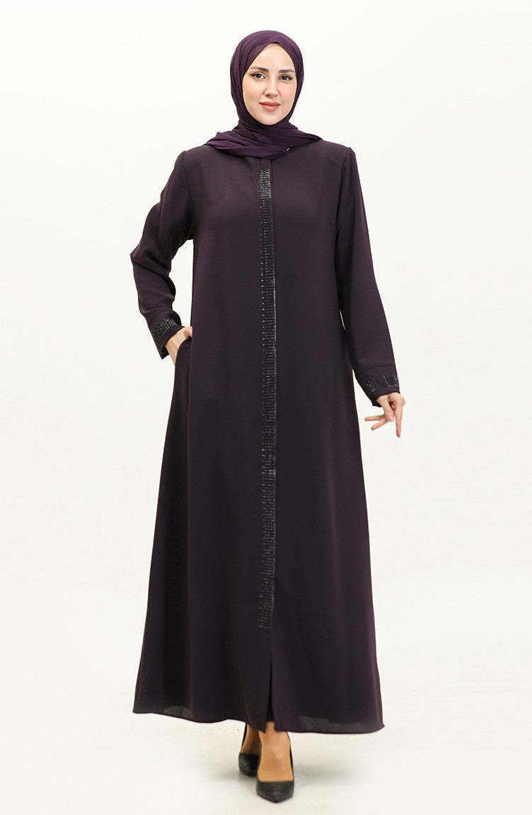 Abaya Imprimé Pierre Grande Taille 5067-04 Prune 5067-04