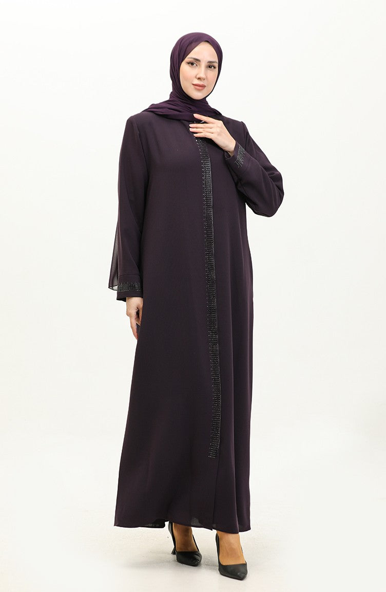 Abaya Imprimé Pierre Grande Taille 5067-04 Prune 5067-04