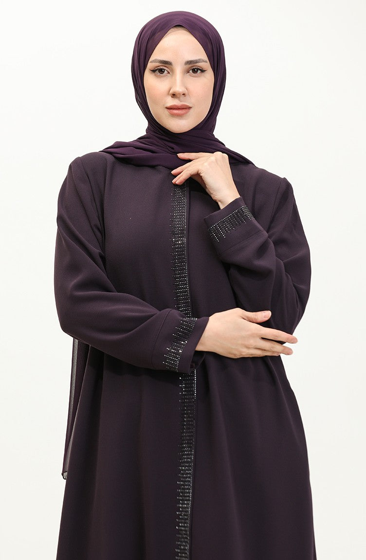 Abaya Imprimé Pierre Grande Taille 5067-04 Prune 5067-04