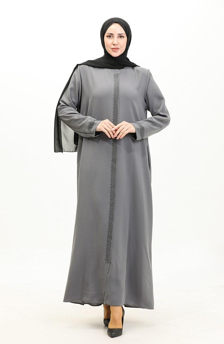 Abaya Imprimé Pierre Grande Taille 5066-05 Gris 5066-05