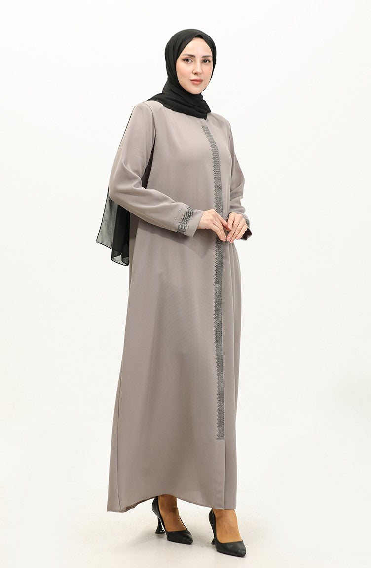 Abaya Pierre Imprimée Grande Taille 5067-07 Vison 5067-07