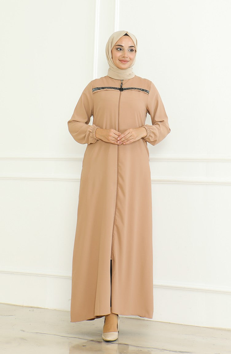 Abaya A Fermeture Et Manches Elastiques 0475-02 Café Au Lait 0475-02