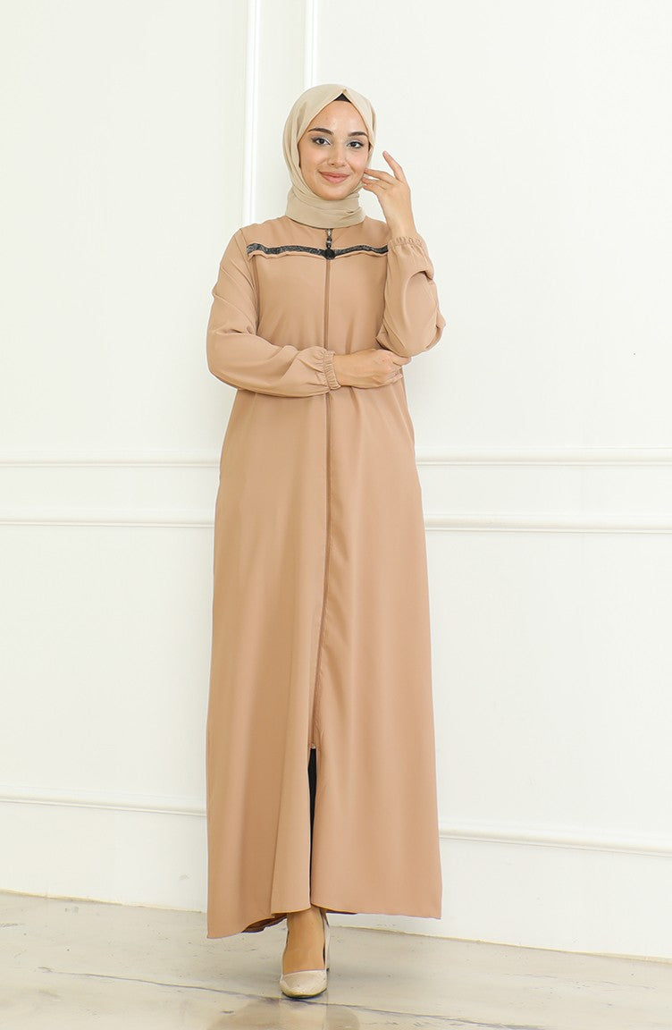 Abaya A Fermeture Et Manches Elastiques 0475-02 Café Au Lait 0475-02