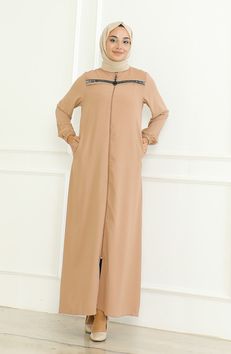 Abaya A Fermeture Et Manches Elastiques 0475-02 Café Au Lait 0475-02