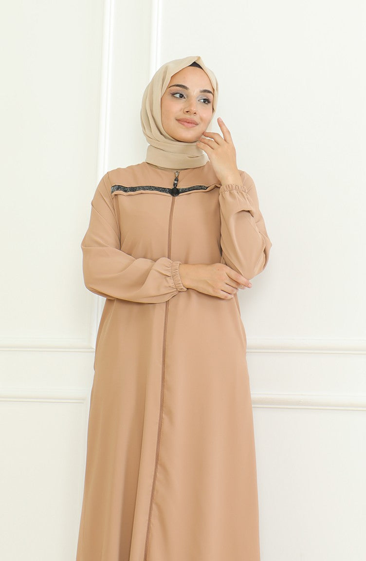 Abaya A Fermeture Et Manches Elastiques 0475-02 Café Au Lait 0475-02