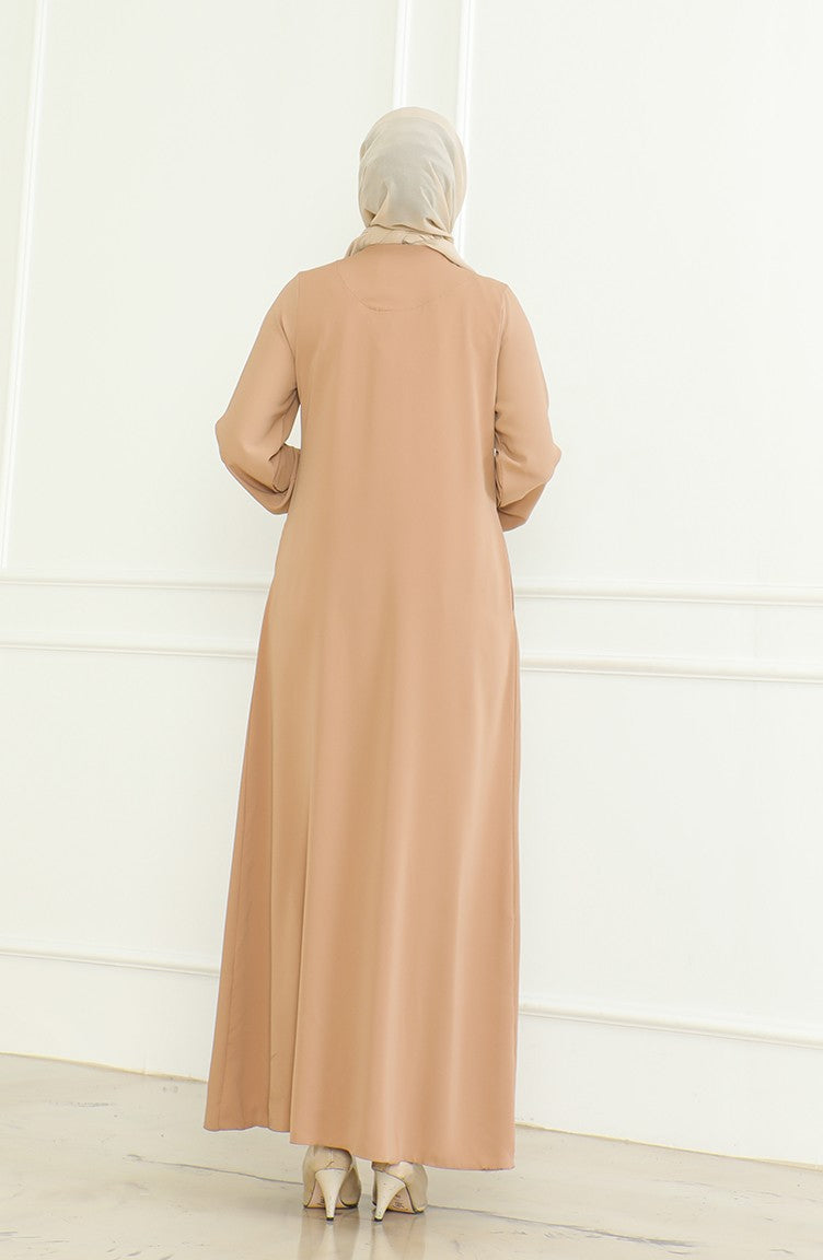 Abaya A Fermeture Et Manches Elastiques 0475-02 Café Au Lait 0475-02