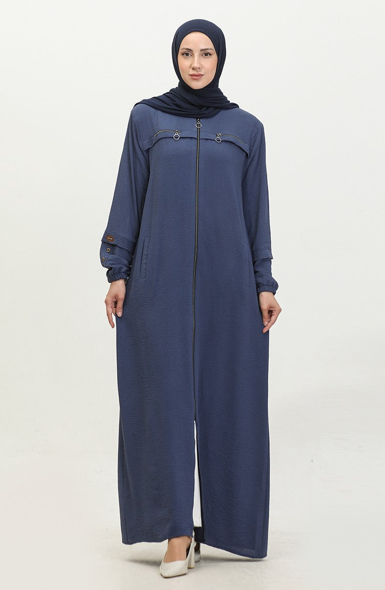 Abaya Femme Grande Taille à Manches Boutonnées Pour L`Été 5040 Bleu Marine 5040.Lacivert
