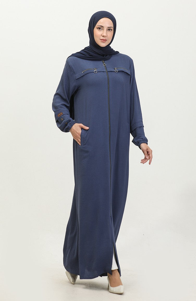 Abaya Femme Grande Taille à Manches Boutonnées Pour L`Été 5040 Bleu Marine 5040.Lacivert