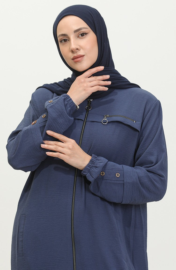 Abaya Femme Grande Taille à Manches Boutonnées Pour L`Été 5040 Bleu Marine 5040.Lacivert