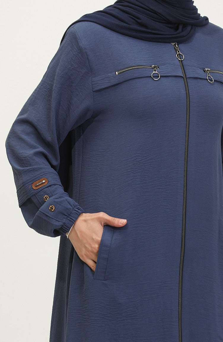 Abaya Femme Grande Taille à Manches Boutonnées Pour L`Été 5040 Bleu Marine 5040.Lacivert