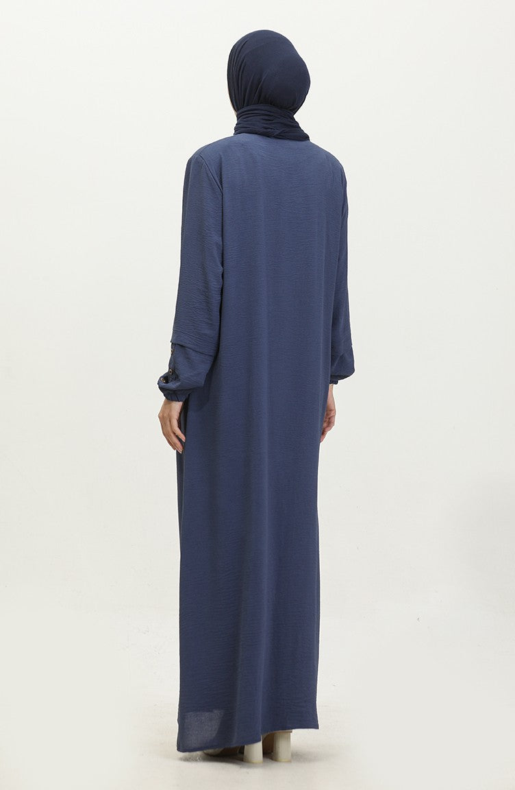 Abaya Femme Grande Taille à Manches Boutonnées Pour L`Été 5040 Bleu Marine 5040.Lacivert