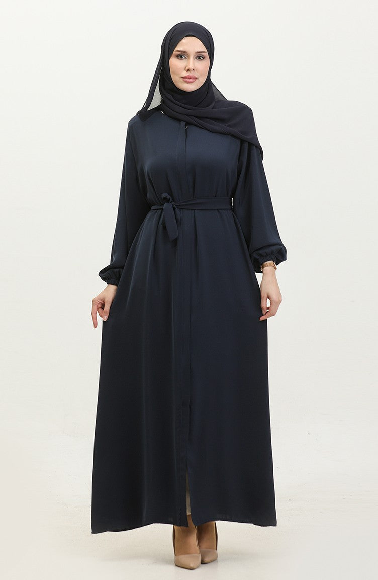 Femme Grande Taille Hijab Abaya Fermeture éclair Côté Cravate Ceinturée Abaya Robe Surdimensionnée 5084 Bleu Marine 5084.Lacivert