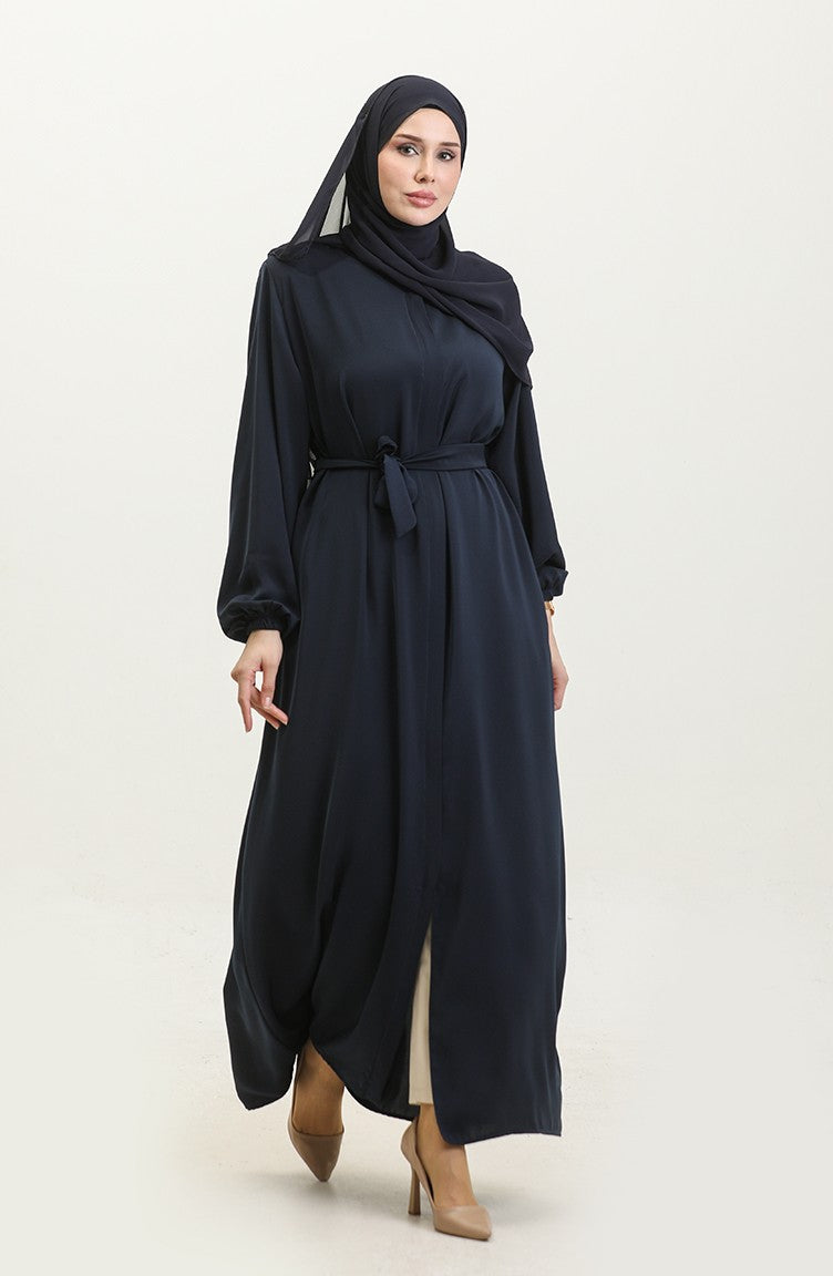 Femme Grande Taille Hijab Abaya Fermeture éclair Côté Cravate Ceinturée Abaya Robe Surdimensionnée 5084 Bleu Marine 5084.Lacivert