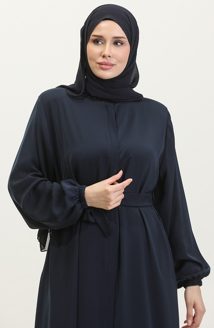 Femme Grande Taille Hijab Abaya Fermeture éclair Côté Cravate Ceinturée Abaya Robe Surdimensionnée 5084 Bleu Marine 5084.Lacivert