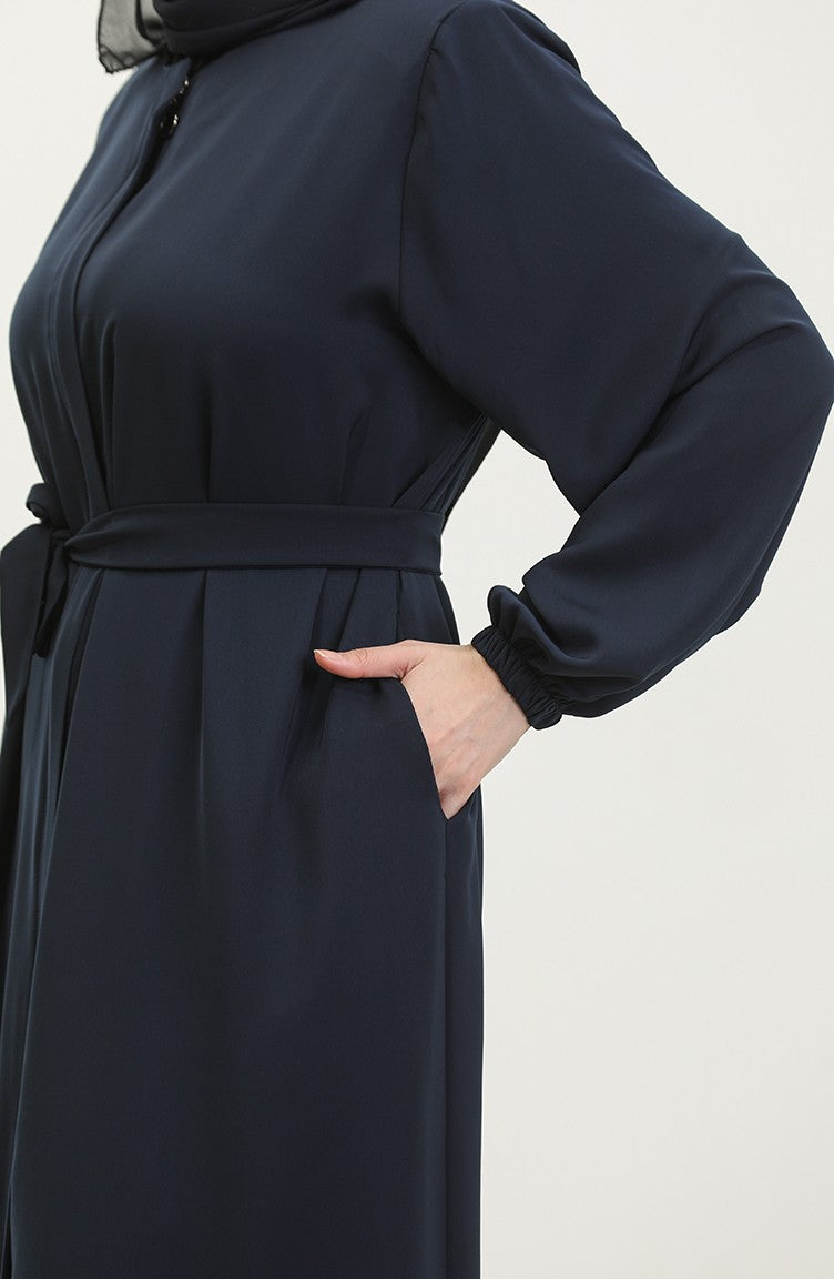 Femme Grande Taille Hijab Abaya Fermeture éclair Côté Cravate Ceinturée Abaya Robe Surdimensionnée 5084 Bleu Marine 5084.Lacivert