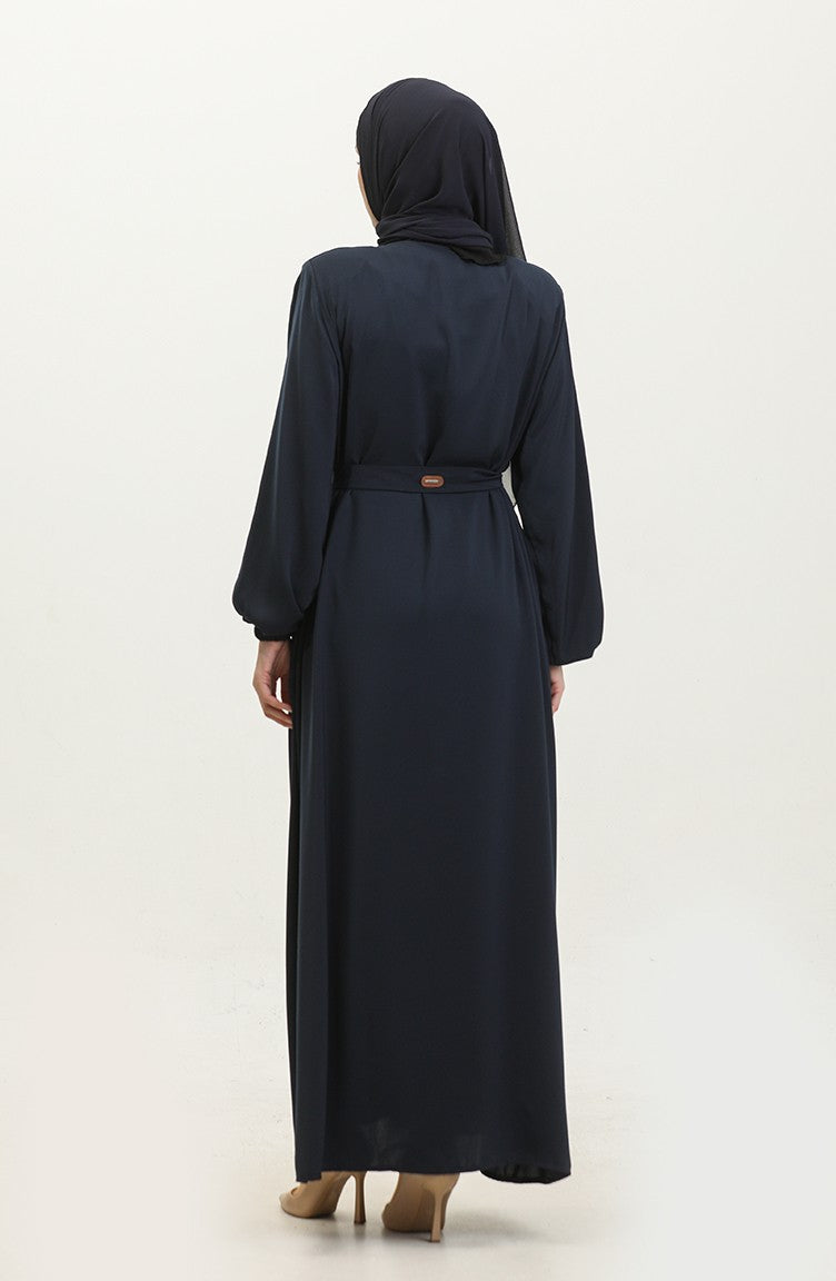 Femme Grande Taille Hijab Abaya Fermeture éclair Côté Cravate Ceinturée Abaya Robe Surdimensionnée 5084 Bleu Marine 5084.Lacivert