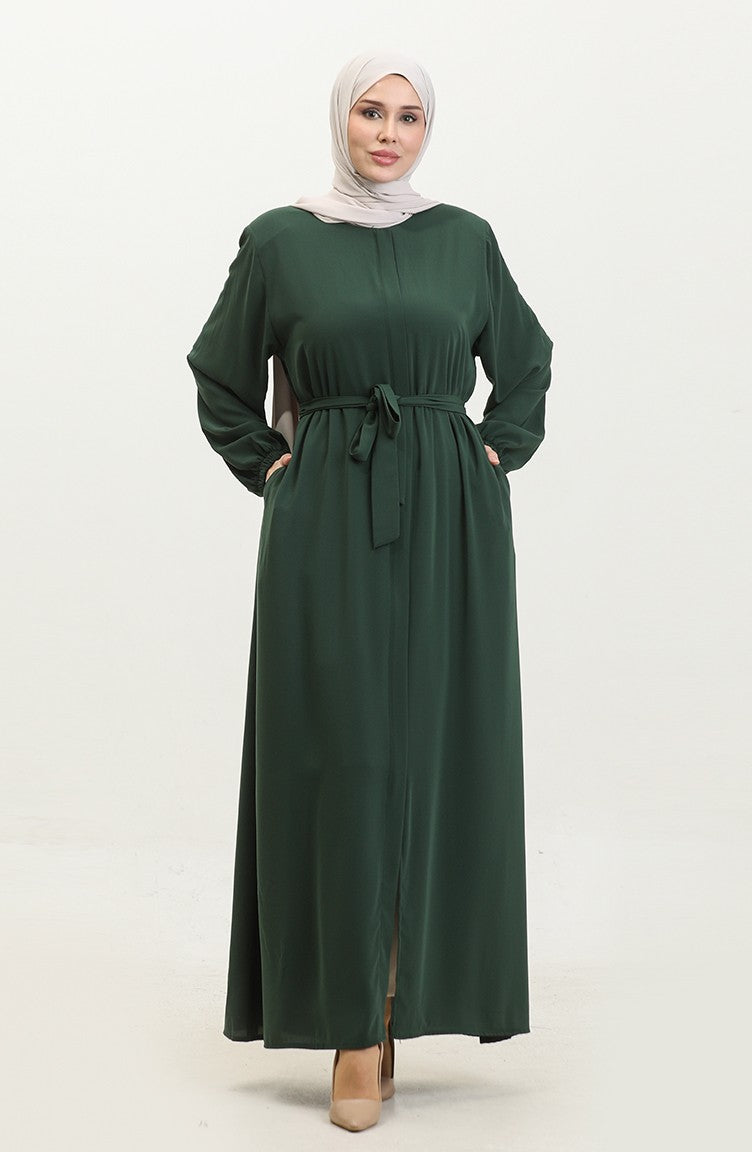 Femme Grande Taille Hijab Abaya Fermeture éclair Côté Cravate Ceinturée Abaya Robe Surdimensionnée 5084 Vert émeraude 5084.ZÜMRÜT YEŞİLİ