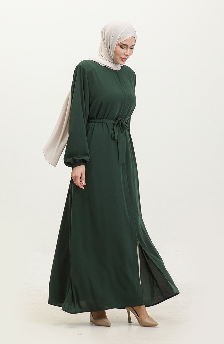 Femme Grande Taille Hijab Abaya Fermeture éclair Côté Cravate Ceinturée Abaya Robe Surdimensionnée 5084 Vert émeraude 5084.ZÜMRÜT YEŞİLİ